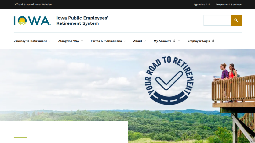 Iowa Public Employees' Retirement System homepage featuring a scenic view and retirement planning message.