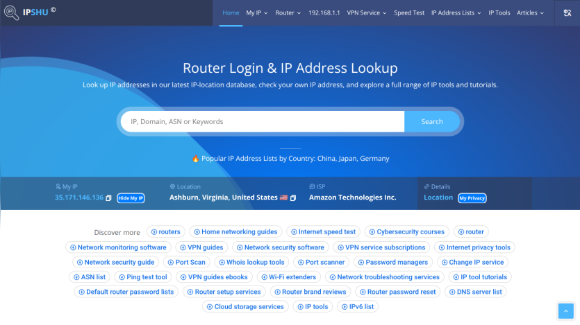 Router login and IP address lookup tool with search bar and navigation links.