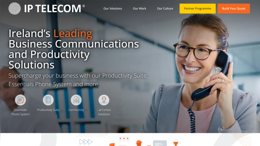 IP Telecom homepage highlighting Ireland's leading business communications and productivity solutions with navigation and call to action buttons