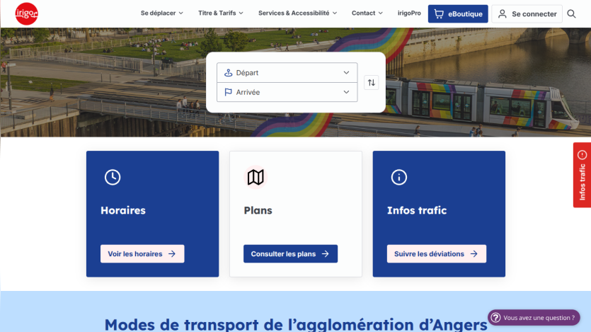 Public transport website for Angers with route planner, schedules, maps, and traffic info