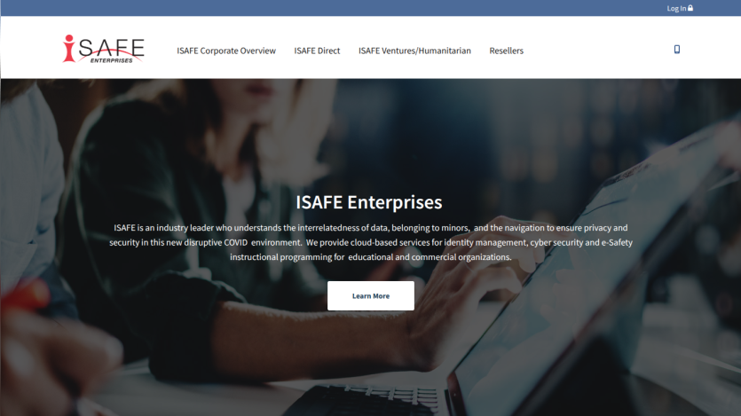 ISAFE Enterprises homepage with a brief description and a 'Learn More' button.
