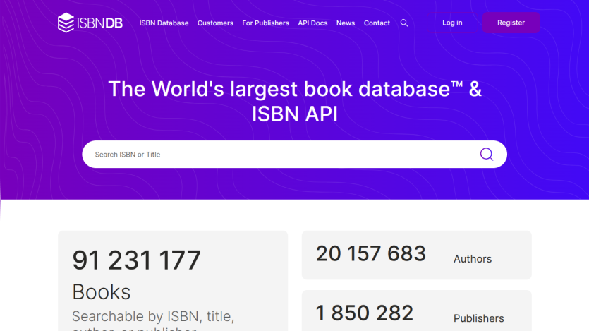 Homepage of ISBN DB showing book statistics and search functionality.