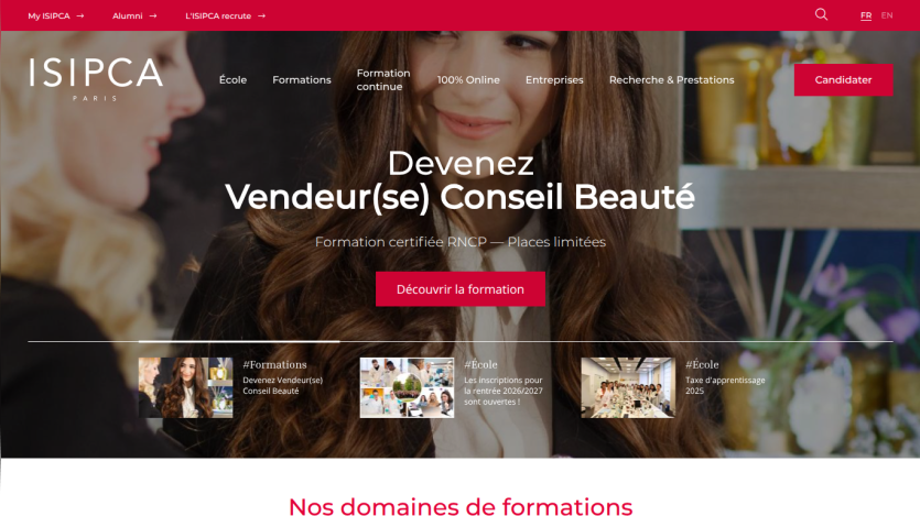 Homepage of ISIPCA featuring a beauty training program with a call to action.