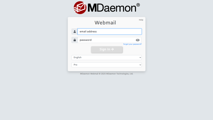MDaemon Webmail login page with fields for email address and password, language and version selectors
