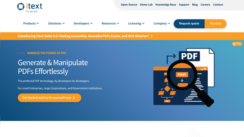 Homepage promoting PDF generation and manipulation services with a call to action.