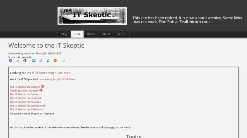 Homepage of IT Skeptic featuring welcome message and navigation links.
