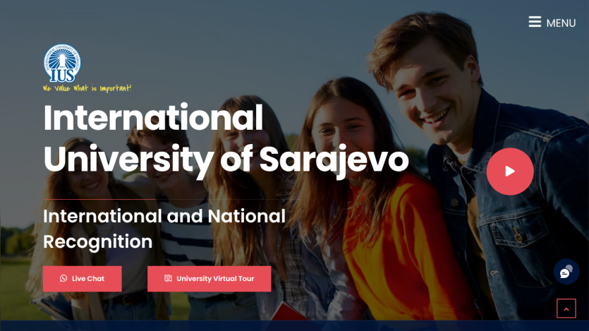 International University of Sarajevo homepage with headline, recognition info, and live chat and virtual tour buttons