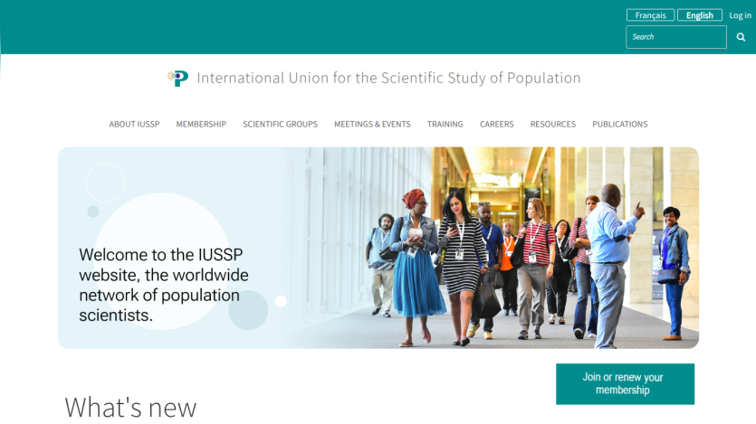 International Union for the Scientific Study of Population homepage with welcome message and group of people walking in a corridor