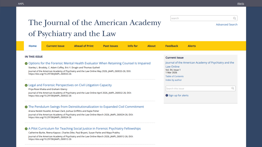 Homepage of the Journal of the American Academy of Psychiatry and the Law with articles listed.