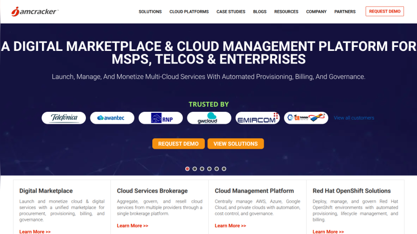 Digital marketplace and cloud management platform for MSPs, telcos, and enterprises with service options listed.