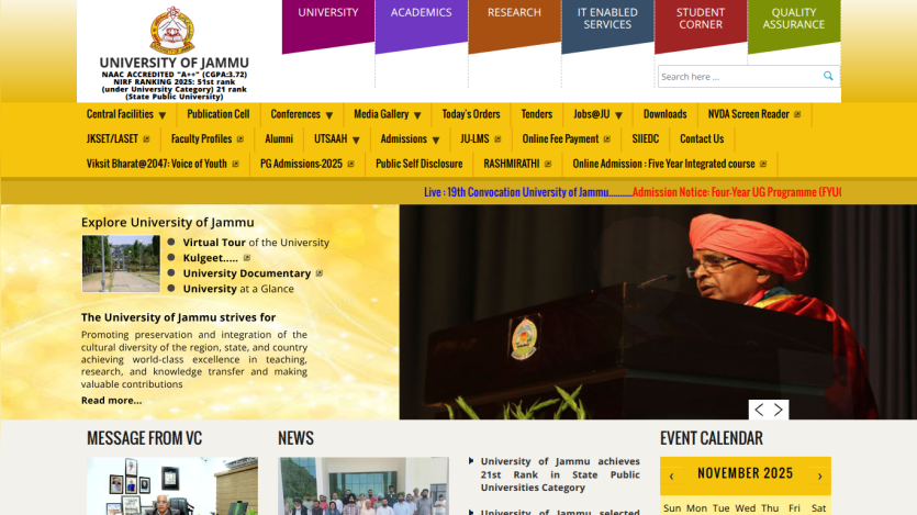 University of Jammu homepage with navigation, convocation image, and university information
