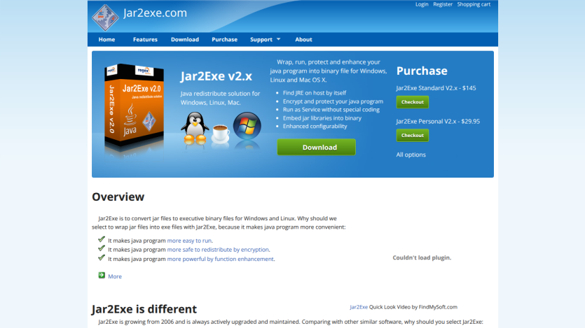 Jar2Exe homepage showcasing software features and purchase options.