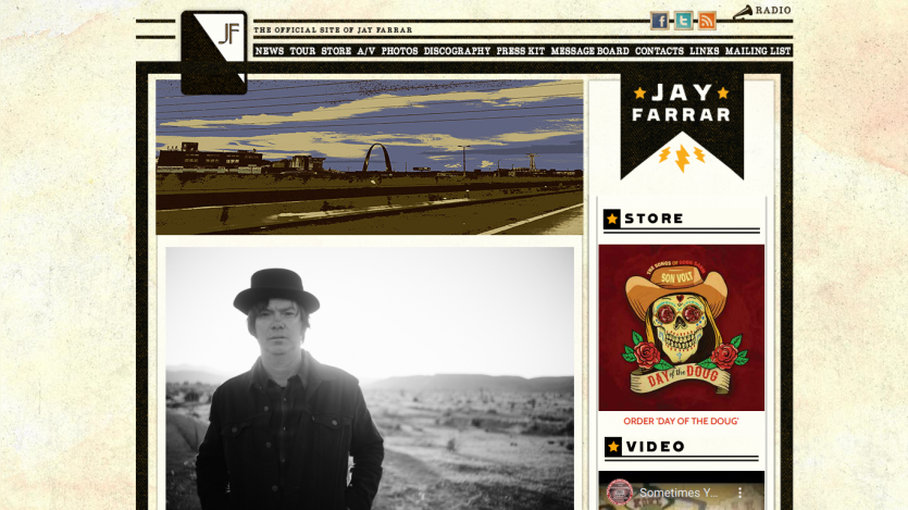 Official site of Jay Farrar with navigation menu, hero photo of Jay Farrar, and store section featuring 'Day of the Doug' album