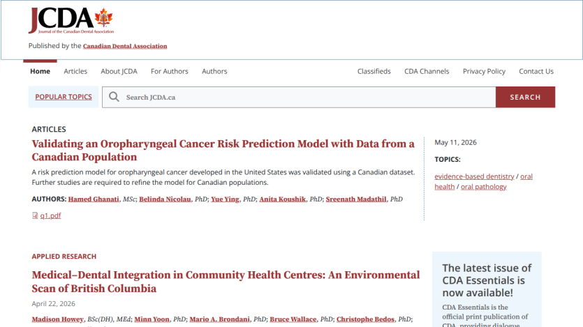 JCDA website featuring articles on dental health and research.