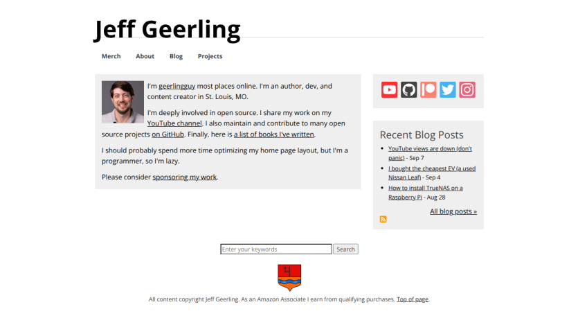 Personal website of Jeff Geerling featuring bio and recent blog posts.