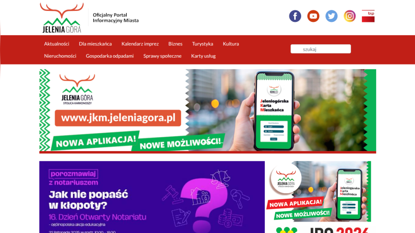 Official city information portal of Jelenia Góra with navigation menu and promotion of a new resident card app