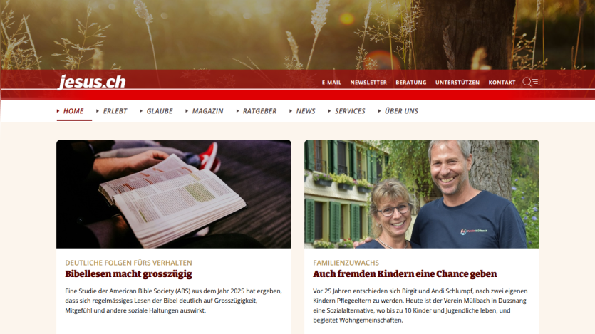 Homepage of jesus.ch with articles on Bible reading benefits and foster care opportunities