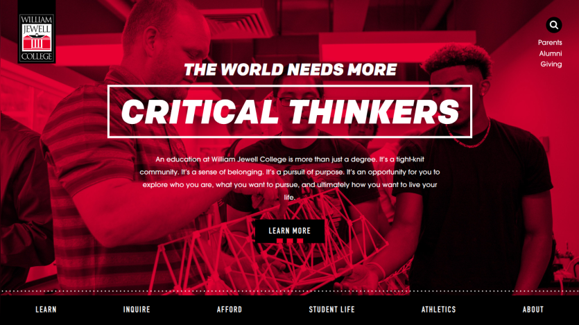 William Jewell College homepage highlighting critical thinkers with a call to learn more and navigation links