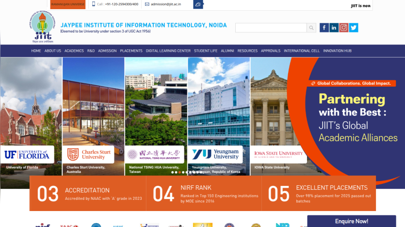Jaypee Institute of Information Technology Noida homepage featuring global academic alliances and rankings