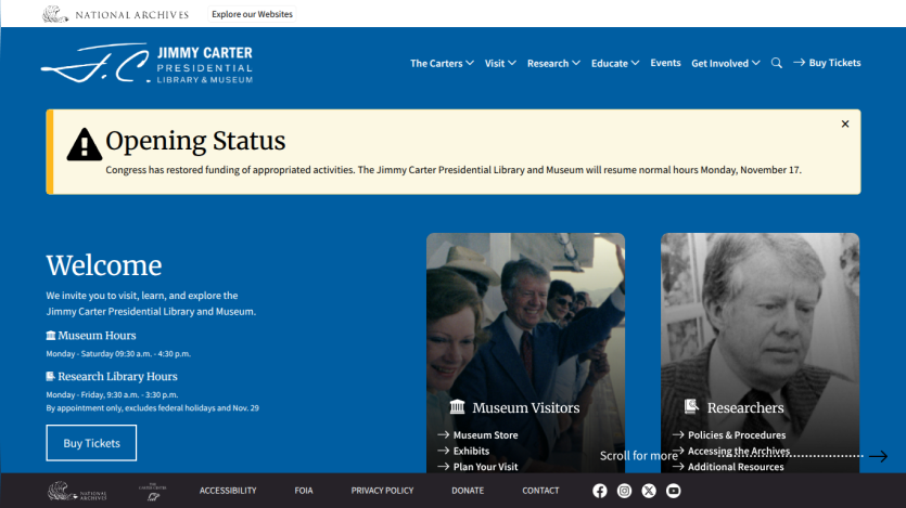Jimmy Carter Presidential Library homepage with opening status, welcome message, museum and research library hours, and visitor information