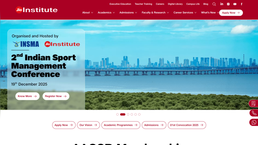 Jio Institute homepage featuring 2nd Indian Sport Management Conference on 19th December 2025 with city skyline background