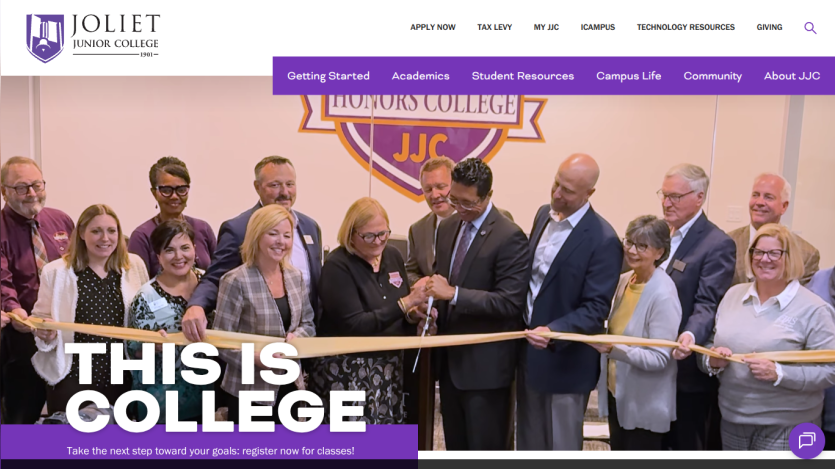 Joliet Junior College website showing a ribbon-cutting event with people celebrating and headline 'This is College'