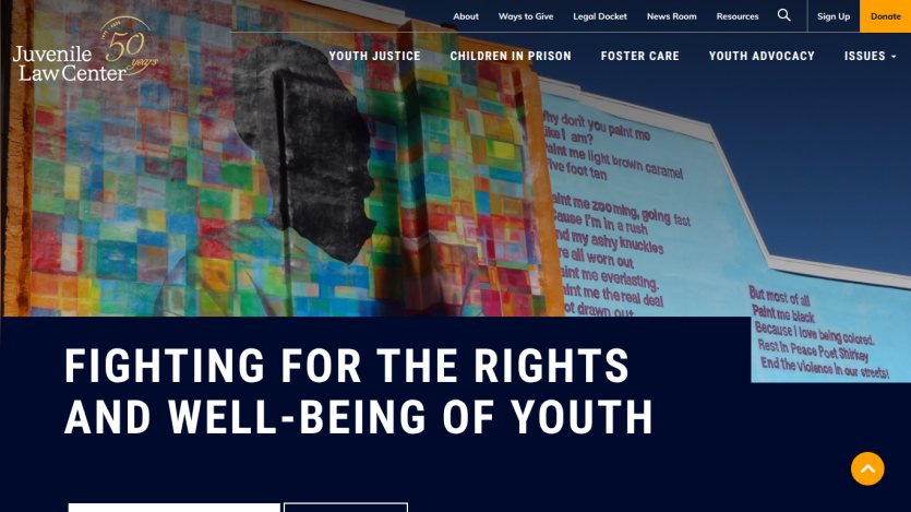 Juvenile Law Center homepage with navigation and headline 'Fighting for the rights and well-being of youth' over colorful mural background