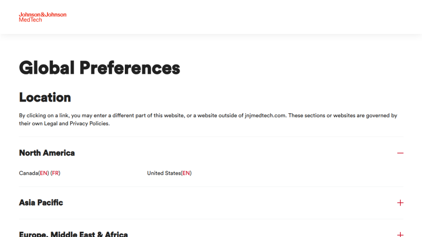 Global preferences section with location options for North America and Asia Pacific.