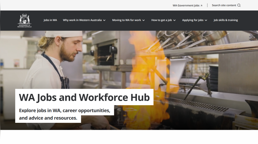 WA Jobs and Workforce Hub with a chef in a kitchen