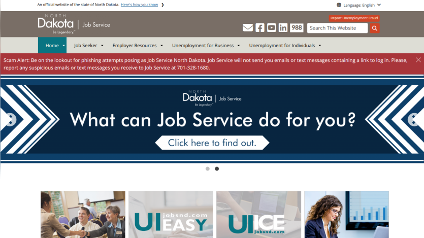 North Dakota Job Service homepage with navigation, scam alert, and hero banner inviting users to find out what Job Service can do for them