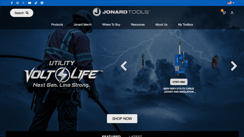 Jonard Tools homepage featuring Utility Volt Life product line with navigation menu and shop now button