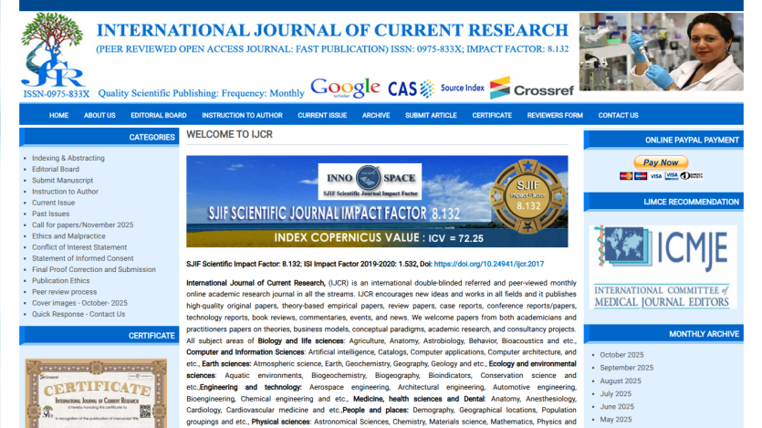 International Journal of Current Research homepage showing journal impact factors, navigation menu, and journal description