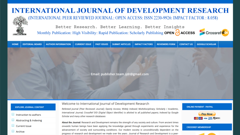 Homepage of the International Journal of Development Research with navigation and introductory text.