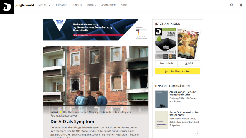 Jungle.world website showing article titled 'Die AfD als Symptom' about right-wing extremism with navigation and subscription offers