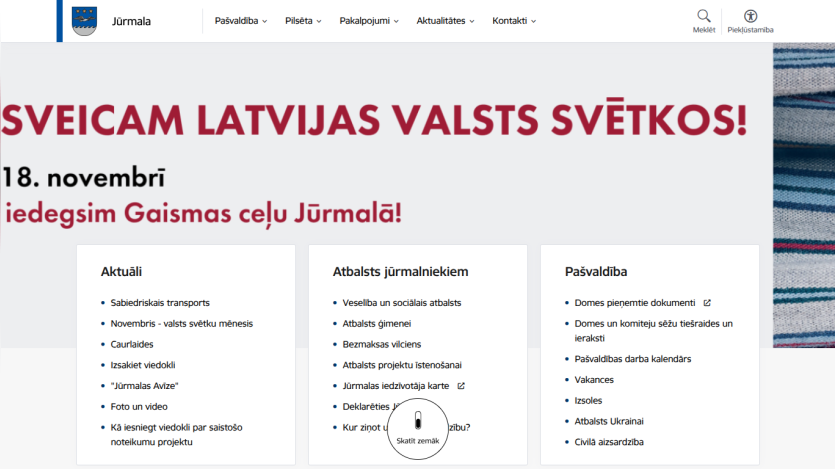 Jūrmala city website with navigation menu and announcement about lighting paths on November 18 for Latvia's national holiday