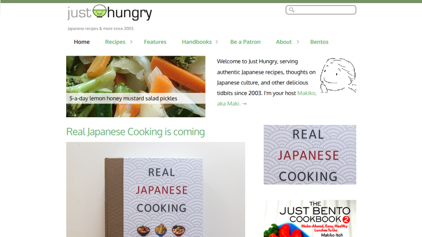 Just Hungry website homepage featuring Japanese recipes, a salad image, and book promotion for Real Japanese Cooking
