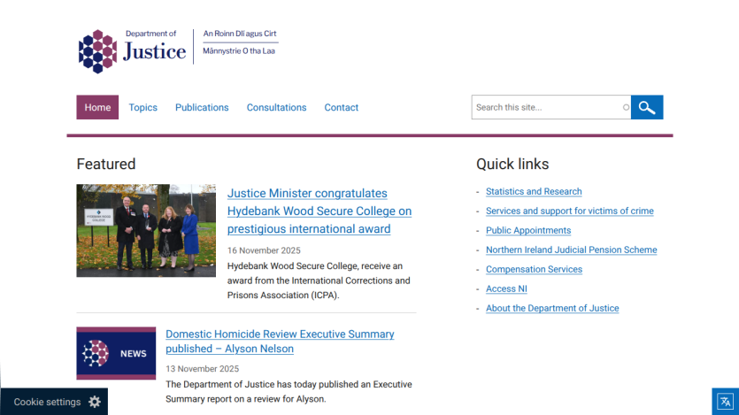 Department of Justice homepage featuring news on Hydebank Wood Secure College award and Domestic Homicide Review report