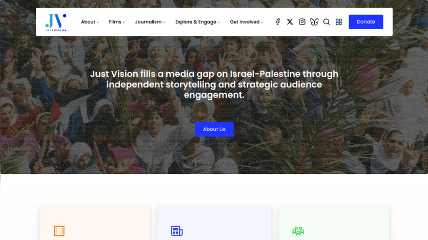 Just Vision homepage with navigation and a hero section about independent storytelling on Israel-Palestine.