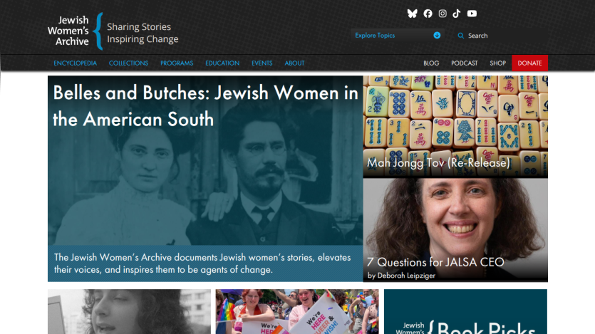 Homepage featuring Jewish Women's Archive with highlighted stories and images.