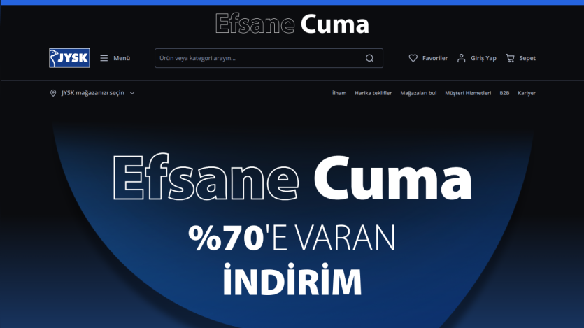JYSK website showing a hero banner with up to 70% discount for Efsane Cuma sale and navigation options