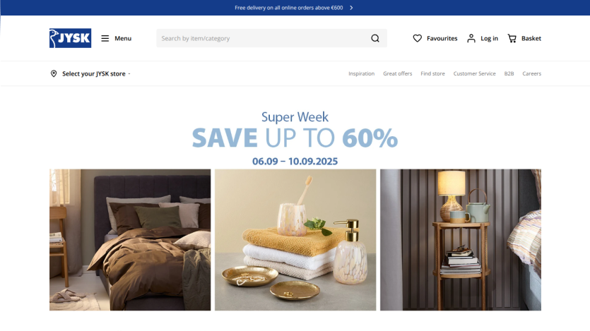 Promotional banner for Super Week sale with images of home goods and savings details.