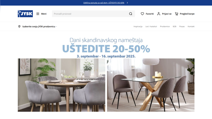 Promotional banner for Scandinavian furniture sale with discounts of 20-50%.