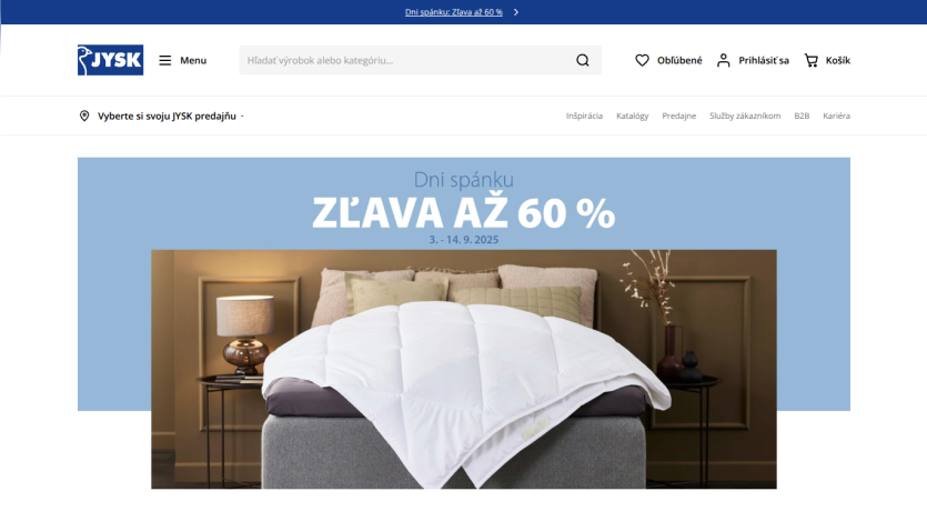 Promotional banner for JYSK offering discounts up to 60% on bedding products.