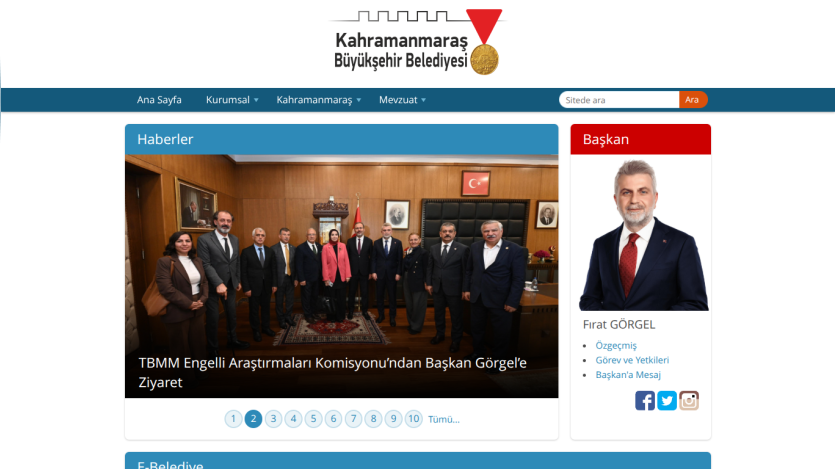 Kahramanmaraş Büyükşehir Belediyesi website showing news about TBMM Engelli Araştırmaları Komisyonu visit and mayor's photo with contact info