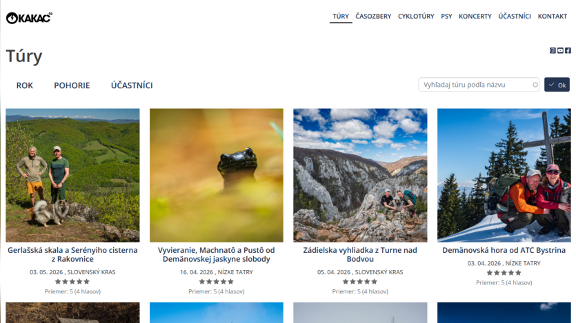 Outdoor adventure tours with images and ratings displayed.