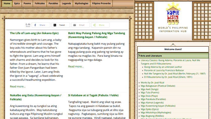 Homepage of Kapit Bisig, a Philippine information hub featuring epics, folktales, and literature links