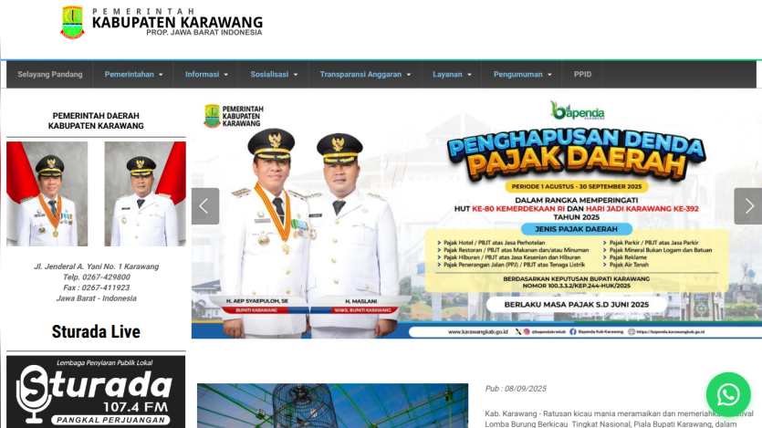 Official website of Karawang Regency featuring tax penalty waiver announcement and local news.