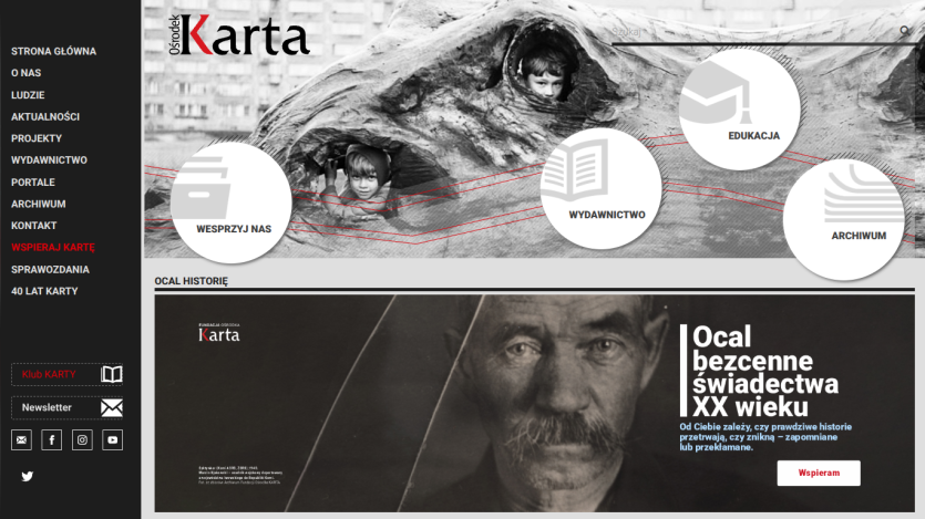 Ośrodek Karta website with navigation menu and hero section promoting preservation of 20th century testimonies