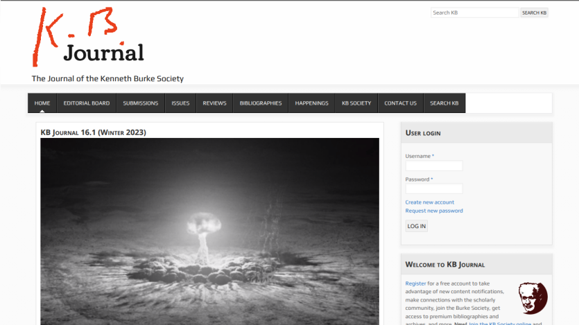Homepage of K.B. Journal featuring a prominent image and navigation links.