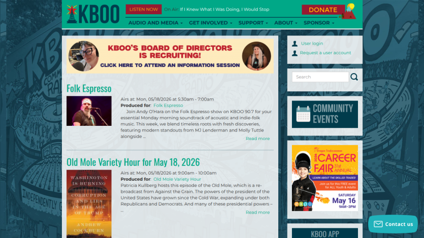 KBOO website featuring events and a recruitment notice for the board of directors.